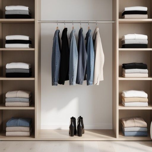 Minimalistisk garderob med vikta plagg, hängande kläder och skor